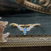 2 Prong Marquise & Round Cut Aquamarine Curved Wedding Band Stacking Ring