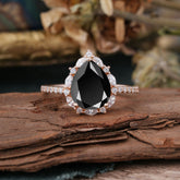 3 Carat Pear Cut Vintage Black Onyx Ring Pave Engagement Ring