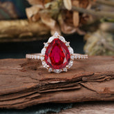 3 Carat Pear Cut Vintage Red 3 Prong Ruby Ring Pave Engagement Ring