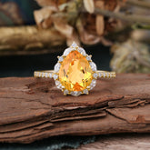 3 Carat Pear Cut Vintage 3 Prong Citrine Ring Pave Engagement Ring