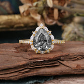 3 Carat Pear Cut Vintage 3 Prong Black Rutilated Quartz Ring Pave Engagement Ring