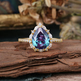 3 Carat Pear Cut Vintage 3 Prong Alexandrite Ring Pave Engagement Ring