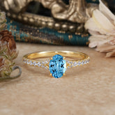 1 Carat Oval Cut 4 Prong Classic Aquamarine Promise Ring Pave Setting