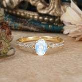 1 Carat Oval Cut Classic Natural Moonstone Promise Ring Pave Setting