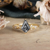 4 Prong Kite Cut 2 Carat Natural Black Rutilated Quartz Bridal Ring Nature Inspired Leaf Engagement Ring