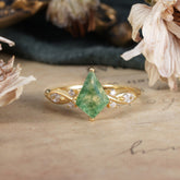 4 Prong Kite Cut 2 Carat Natural Moss Agate Bridal Ring Nature Inspired Leaf Engagement Ring