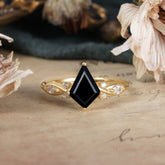 4 Prong Kite Cut 2 Carat Black Onyx Bridal Ring Nature Inspired Leaf Engagement Ring