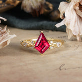 4 Prong Kite Cut 2 Carat Ruby Bridal Ring Nature Inspired Leaf Engagement Ring