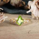 4 Prong Kite Cut 2 Carat Natural Peridot Bridal Ring Nature Inspired Leaf Engagement Ring