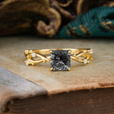 Princess Cut 1 Carat Black Rutilated Quartz Engagement Ring Nature Inspired Twisted Infinity Leaf Ring