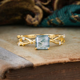 Princess Cut 1 Carat Moss Agate Engagement Ring Nature Inspired Twisted Infinity Leaf Ring