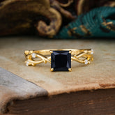 Princess Cut 1 Carat Black Onyx Engagement Ring Nature Inspired Twisted Infinity Leaf Ring