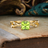 Princess Cut 1 Carat Peridot Engagement Ring Nature Inspired Twisted Infinity Leaf Ring