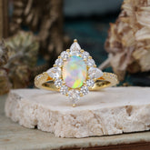 1.5CT Oval Cut Opal Classic Side Stone Engagement Ring Unique Halo Bridal Ring