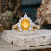 1.5CT Oval Cut Citrine Classic Side Stone 4 Prong Engagement Ring Unique Halo Bridal Ring