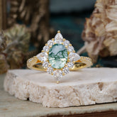 1.5CT Oval Cut Moss Agate Classic Side Stone Engagement Ring Unique Halo Bridal Ring