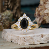 1.5CT Oval Cut Black Onyx Classic Side Stone Engagement Ring Unique Halo Bridal Ring