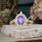1.5CT Oval Cut Amethyst Classic Side Stone 4 Prong Engagement Ring Unique Halo Bridal Ring