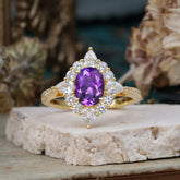 1.5CT Oval Cut Amethyst Classic Side Stone 4 Prong Engagement Ring Unique Halo Bridal Ring