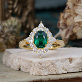 1.5CT Oval Cut Emerald Classic Side Stone 4 Prong Engagement Ring Unique Halo Bridal Ring