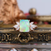 4CT Emerald Cut Opal Vintage Engagement Ring with Marquise Cluster