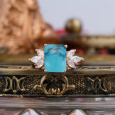 4CT Emerald Cut Turquoise Vintage 4 Prong Engagement Ring with Marquise Cluster