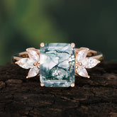 4CT Emerald Cut Moss Agate Vintage Engagement Ring with Marquise Cluster