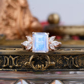 4CT Emerald Cut Moonstone Vintage 4 Prong Engagement Ring with Marquise Cluster