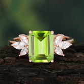 4CT Emerald Cut Peridot Vintage Engagement Ring with Marquise Cluster