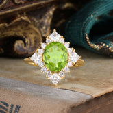 3CT Oval Cut Peridot Halo Engagement Ring for Women