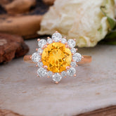 3CT Round Cut Citrine Engagement Ring | 4 Prong Cluster Halo Vintage Setting | Wedding Anniversary Gift Jewelry |