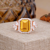 4CT Emerald Cut Citrine Engagement Ring Vintage Classic Side Stones Halo Bridal Ring