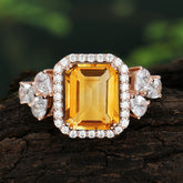 4CT Emerald Cut Citrine Engagement Ring Vintage Classic Side Stones Halo Bridal Ring