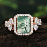 4CT Emerald Cut Moss Agate Engagement Ring Vintage Classic Side Stones Halo Bridal Ring