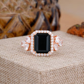 4CT Emerald Cut Black Onyx Engagement Ring Vintage Classic Side Stones Halo Bridal Ring