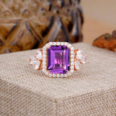 4CT Emerald Cut Amethyst Engagement Ring Vintage Classic Side Stones Halo Bridal Ring