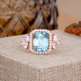 4CT Emerald Cut Aquamarine Engagement Ring Vintage Classic Side Stones Halo Bridal Ring