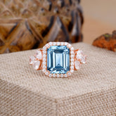 4CT Emerald Cut Aquamarine Engagement Ring Vintage Classic Side Stones Halo Bridal Ring