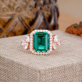 4CT Emerald Cut Emerald Engagement Ring Vintage Classic Side Stones Halo Bridal Ring