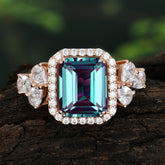 4CT Emerald Cut Alexandrite Engagement Ring Vintage Classic Side Stones Halo Bridal Ring