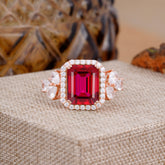 4CT Emerald Cut Ruby Engagement Ring Vintage Classic Side Stones Halo Bridal Ring