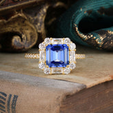 2.5CT Radiant Cut Sapphire Engagement Ring | 4 Prong Pave Halo Bridal Setting