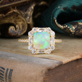 2.5CT Radiant Cut Opal Engagement Ring Pave Halo Bridal Ring