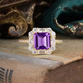 2.5CT Radiant Cut Amethyst Engagement Ring Pave Halo Bridal Ring