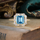 2.5CT Radiant Cut Aquamarine Engagement Ring Pave Halo Bridal Ring