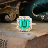 2.5CT Radiant Cut Emerald Engagement Ring Pave Halo Bridal Ring