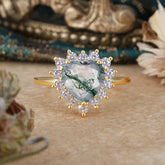 3CT Heart Cut Moss Agate Engagement Ring Halo Promise Ring