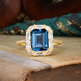 4CT Emerald Cut 8 Prong Sapphire Engagement Ring Pave Halo Bridal Ring