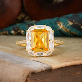 4CT Emerald Cut Citrine Engagement Ring Pave Halo Bridal Ring