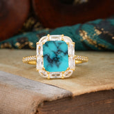 4CT Emerald Cut 8 Prong Turquoise Engagement Ring Pave Halo Bridal Ring